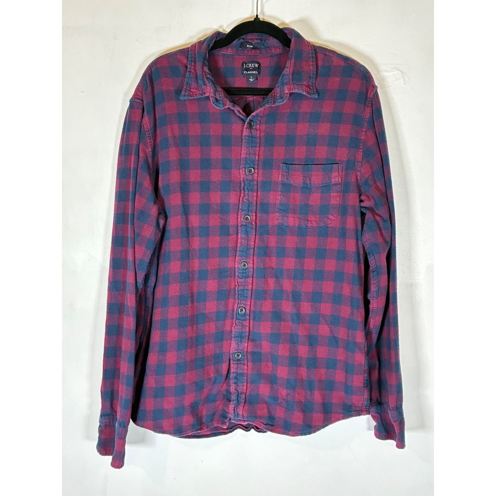J.Crew Men's Large Slim Fit Buffalo Plaid Flannel Shirt Red Navy 100% Cotton
